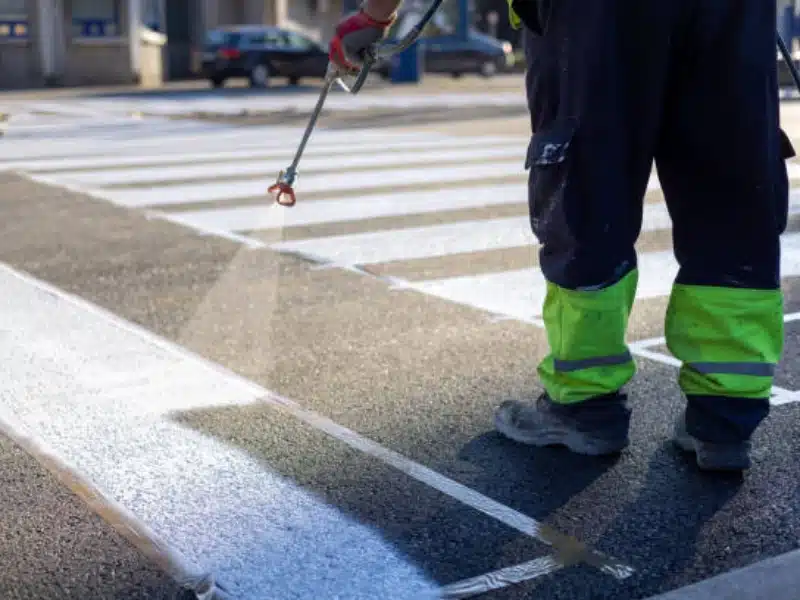 Road marking crew painting crosswalk stripes with white traffic paint during street maintenance project