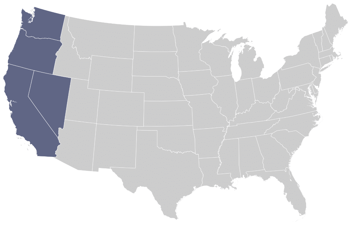 Map of the western United States highlighting California, Oregon, and Washington to show regional service coverage area.